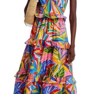 Bloomingdale’s Aqua Multicolor Tropical Tiered Dress